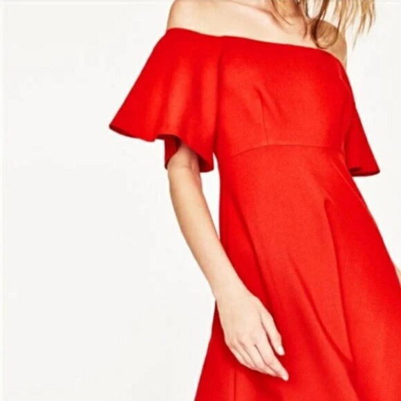 Zara Red Off-Shoulder Midi Dress with Flared Sleeves, Size Small - Picture 5 of 8